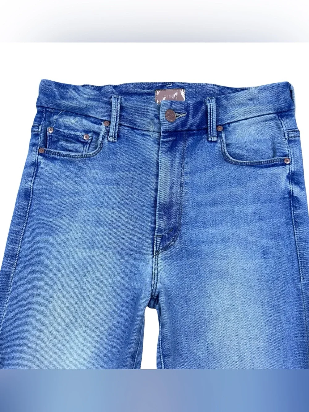 Mother High Waisted Looker Ankle Fray Jeans 27 Au Renoir Blue Skinny Stretch